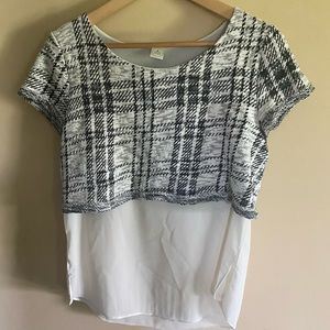 Short sleeve plaid sweater with attached sheer bottom